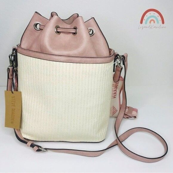 New! Steve Madden Bucket Straw Faux Leather Blush Pink Bohemian Beach TikTok Bag - Picture 2 of 11